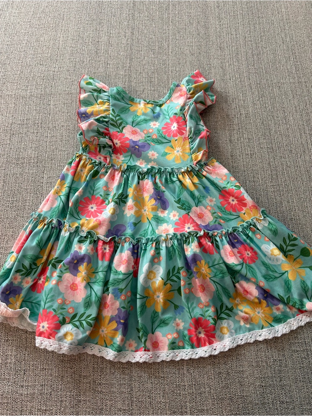 Marie Nicole Mint Floral Tiered Kids Dress w Coral Polka Bodice. Size XS - Picture 2 of 10